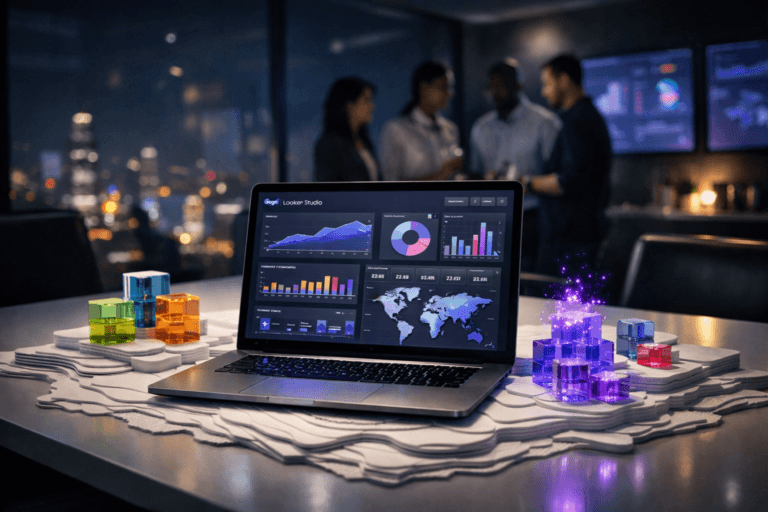 A photorealistic medium-wide cinematic shot, camera positioned approximately 1–2 meters from the subject, capturing a sleek open laptop on a white conference table, its screen clearly displaying a multi-panel Google Looker Studio marketing dashboard with the official Looker Studio logo visible in the interface, surrounded by semi-translucent colored glass data cubes arranged in precise isometric-inspired geometric stacks and subtle holographic clusters emerging above a layered white paper topographic map that physically covers the tabletop, clearly readable within a realistic environment. The object integrates subtle electric-purple (#7B63FF) accents indicating intelligence or activity without overpowering realism. Set in a dimly lit, glass-walled marketing analytics war room at night, high above a futuristic city, with additional wall-mounted screens softly glowing in the background and a diverse group of marketing professionals in business-casual attire standing and conferring around the table in gentle soft focus. Lighting is low-key and practical, driven by the glow of the laptop screen, wall displays, and distant city lights, complemented by a soft integrated white spotlight from above and slightly to the side, gently revealing the form and texture of the paper topographic layers, the glassy data cubes, and the brushed-metal laptop chassis. Cinematic realism, natural depth of field, premium materials, ultra-detailed, 8K, no captions, no text overlays except the subtle Looker Studio logo in the UI, no watermarks.