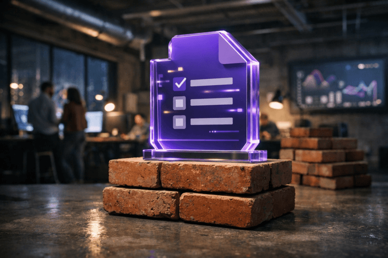 A photorealistic medium-wide cinematic shot, camera positioned approximately 1–2 meters from the subject, capturing a solid 3D acrylic desk trophy in the shape of the official Google Forms icon resting on a neatly stacked pile of clean construction bricks on a polished concrete floor, the Google Forms logo clearly visible and a stylized Google Forms interface subtly displayed on its glossy front surface, clearly readable within a realistic environment. The object integrates subtle electric-purple (#7B63FF) edge lighting and tiny UI accents indicating intelligence or activity without overpowering realism. Set in a dim, tech-noir open-plan marketing office under renovation, with additional stacks of construction bricks, exposed ductwork and metal beams, large windows showing a rainy night city skyline, softly glowing monitors and a wall dashboard with abstract analytics graphics, and a few diverse marketing professionals in business-casual attire collaborating in the background, slightly out of focus. Lighting is low-key and practical, coming from computer screens, a nearby desk lamp and overhead strips, complemented by a soft integrated white spotlight from the side gently revealing form, texture and depth on the Google Forms trophy and bricks. Cinematic realism, 35mm lens look, natural shallow-to-medium depth of field, neutral corporate tones with restrained neon purple accents, premium materials, ultra-detailed, 8K, no text, no captions, no watermarks.