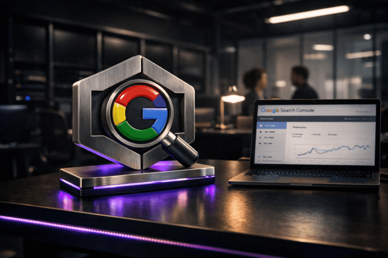 A photorealistic medium-wide cinematic shot, camera positioned approximately 1–2 meters from the subject, capturing a solid 3D physical sculpture of the official Google Search Console logo in glossy acrylic and brushed metal, resting on a sleek dark workstation desk, with a nearby open laptop screen clearly displaying the real Google Search Console interface, logo and UI elements clearly readable within a realistic environment. The object integrates subtle electric purple (#7B63FF) edge-light accents along the base of the sculpture, gentle LED strips under the desk rim, and faint purple reflections on the desk surface, indicating intelligence or activity without overpowering realism. Set in a dim, tech-noir inspired digital marketing control room, with a wall of large monitors in the background turned off, their deep black glass reflecting soft highlights and silhouettes, server racks and cable management subtly visible, and a glass wall hinting at a modern corporate office beyond, with a few diverse marketing professionals in the background and periphery, softly out of focus, discussing quietly around other workstations. Lighting is low-key and practical, coming from overhead linear fixtures, a small side desk lamp, and the muted glow from the laptop screen, complemented by a soft integrated white spotlight from above and slightly to the side, gently revealing the form, texture, and depth of the Google Search Console logo sculpture and desk materials. Cinematic realism, natural shallow-to-medium depth of field, 35mm lens look, premium materials, ultra-detailed, 8K, no captions, no text overlays, no watermarks.