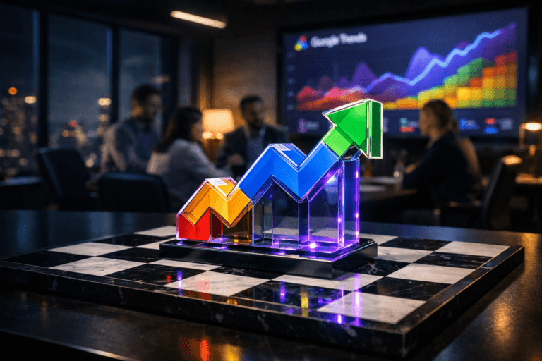 A photorealistic medium-wide cinematic shot, camera positioned approximately 1–2 meters from the subject, capturing a tangible 3D glass-and-metal sculpture of the Google Trends logo, styled with clean isometric facets, resting on a black-and-white marble chessboard atop a sleek dark conference table, the Google Trends logo clearly visible on the sculpture and subtly echoed on a large wall-mounted dashboard screen in the background, clearly readable within a realistic environment. The object integrates subtle electric-purple #7B63FF accents indicating intelligence or activity without overpowering realism, such as fine glowing edges along the sculpture and faint reflections along the chessboard squares. Set in a dimly lit, high-end marketing analytics war room at night, with floor-to-ceiling windows revealing a moody city skyline, a large wall-mounted screen displaying abstract Google Trends–style line graphs and heatmaps without legible text, and a diverse team of marketing and data professionals in business-casual attire blurred in the background discussing strategy around the table, with natural human presence in the background or periphery. Lighting is low-key and practical, coming from the wall screen, a few desk lamps, and soft ambient ceiling strips, complemented by a soft integrated white spotlight from the side gently revealing the form, texture, and depth of the Google Trends sculpture and marble chessboard. Cinematic realism, natural depth of field, premium materials, ultra-detailed, 8K, 35mm lens look, subtle tech-noir atmosphere with restrained neon reflections, no captions, no text overlays, no watermarks.