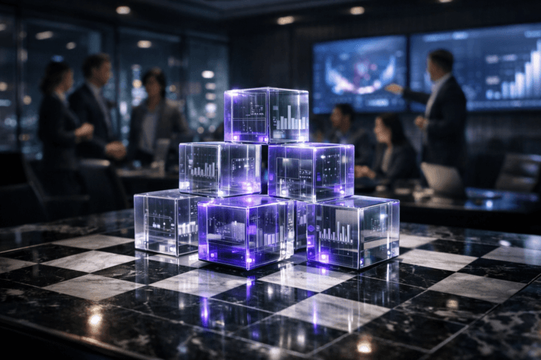 A photorealistic medium-wide cinematic shot, camera positioned approximately 1–2 meters from the subject, capturing a meticulously arranged cluster of translucent glass data cubes in muted corporate colors, physically stacked and aligned on a polished black-and-white marble chessboard tabletop in the center of a modern war-room style boardroom; each cube has refined etched patterns and abstract mini dashboards and graphs suggested through soft light and reflections (no readable text), clearly readable as the hero object within a realistic environment. The object integrates subtle electric-purple (#7B63FF) accents as thin glowing edges and gentle internal light pulses indicating intelligence and real-time activity without overpowering realism. Set in a dimly lit executive data war room at night, with floor-to-ceiling screens on the walls showing blurred, abstract data visualizations, glass walls revealing a futuristic city skyline with scattered neon lights, and a diverse group of professionals in suits and smart-casual attire standing and seated around the chessboard table in the background, slightly out of focus, engaged in discussion and pointing toward the cubes and screens. Lighting is low-key and practical, coming from overhead recessed fixtures, laptop screens, and wall displays, complemented by a soft integrated white spotlight from above that gently highlights the marble chessboard pattern and the facets of the cubes, revealing form, texture, and depth with subtle reflections on the tabletop. Cinematic realism, 35mm lens look, natural shallow-to-medium depth of field, neutral corporate color palette with restrained neon purple accents, premium materials, ultra-detailed, 8K, no captions, no text overlays, no watermarks.