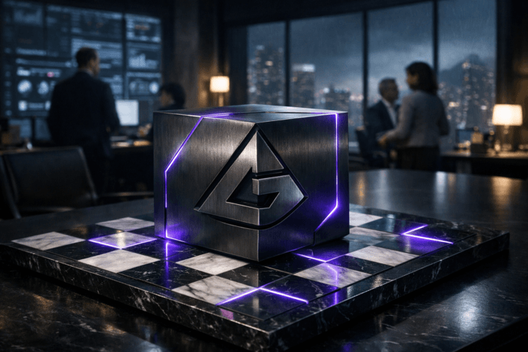 A photorealistic medium-wide cinematic shot, camera positioned approximately 1–2 meters from the subject, capturing a large 3D isometric sculpture of the Governança logo made of brushed dark metal with premium finish, the official Governança logo clearly visible on its front face, resting solidly on a polished black-and-white marble chessboard that sits on a sleek dark conference table. The object integrates subtle electric-purple (#7B63FF) light accents tracing its edges and a few chess squares, suggesting intelligent data flows and real-time governance activity without overpowering realism. Set in a Tech-Noir corporate situation room at night, with floor-to-ceiling windows revealing a moody Brazilian city skyline under light rain, and walls lined with softly glowing data dashboards and governance, risk and compliance monitors. Natural human presence appears in the background and periphery: a small, diverse group of professionals in modern business attire, standing and seated around the table, candidly reviewing screens and discussing decisions, slightly out of focus so the Governança logo sculpture on the marble chessboard remains the clear hero. Lighting is low-key and practical, coming from the wall screens, a few desk lamps and a cool overhead panel, complemented by a soft integrated white spotlight from the side that gently reveals the form, metallic texture and depth of the logo and marble surface. Cinematic realism, 35mm lens look, natural shallow-to-medium depth of field, neutral corporate color palette with restrained electric-purple neon accents, ultra-detailed, 8K, no captions, no text overlays, no watermarks.