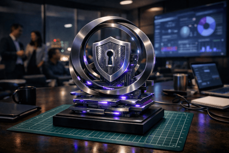 A photorealistic medium-wide cinematic shot, camera positioned approximately 1–2 meters from the subject, capturing a premium stylized physical desk sculpture representing modern IT governance and compliance, composed of interlocking brushed-metal rings, stacked circuit-board-like planes, and a central encrypted shield motif, all mounted on a sleek dark base resting on a green cutting mat with crisp white measurement grid lines atop a contemporary office desk, clearly readable within a realistic environment. The object integrates subtle electric-purple (#7B63FF) accent lines and faint internal glow along its edges and circuitry, indicating intelligence and continuous monitoring activity without overpowering realism. Set in a modern Brazilian corporate meeting room at night, Tech-Noir style, with glass walls revealing a softly glowing city skyline, large wall-mounted screens and laptops in the background showing softly blurred governance dashboards and cybersecurity charts, and a diverse group of professionals seated and standing around the conference table in candid discussion at the periphery, plus scattered notebooks, cables, and coffee cups adding a lived-in feel. Lighting is low-key and practical, coming from overhead office fixtures, laptop screens, and wall monitors, complemented by a soft integrated white spotlight from the upper side gently revealing the sculpture’s form, brushed-metal texture, and layered depth, with subtle purple reflections on nearby surfaces. Cinematic realism, natural shallow-to-medium depth of field, premium materials, ultra-detailed, 8K, no captions, no text overlays, no watermarks.