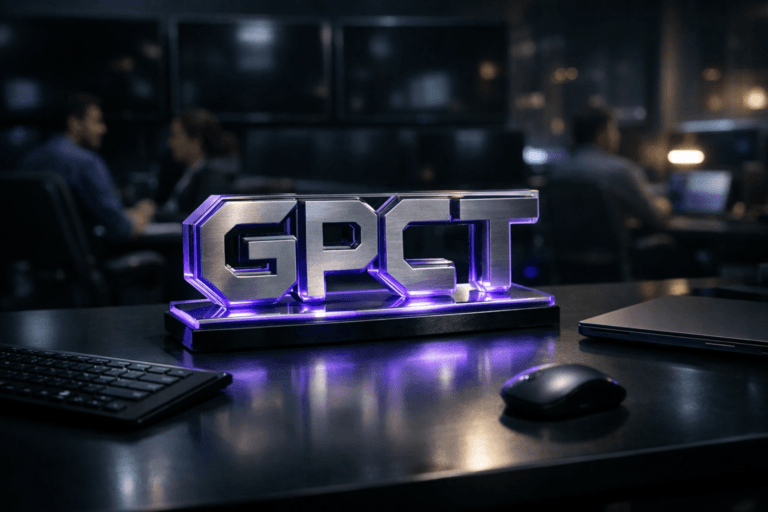 A photorealistic medium-wide cinematic shot, camera positioned approximately 1–2 meters from the subject, capturing a real-world hero object: a premium, solid glass-and-brushed-metal 3D GPCT logo sculpture with clean isometric geometry, sitting at the center of a sleek black control desk. The GPCT logo is clearly readable yet tastefully integrated into the scene, with subtle electric-purple (#7B63FF) LED accents running along its beveled edges and base, suggesting intelligent sales analytics and activity without feeling sci-fi or exaggerated. Around the logo, minimalist high-end peripherals (keyboard, mouse, closed laptop) reinforce the idea of a connected sales operations hub. Set in a dark, tech-noir inspired sales control room at night, with a wall of large monitors in the background turned off, their glossy black surfaces catching soft, moody reflections and faint city lights from an unseen window. In the periphery and background, a few realistic, diverse professionals in business-casual attire are slightly out of focus, seated or standing near consoles and workstations, engaged in quiet discussion or reviewing screens, adding life without stealing focus from the GPCT logo. Lighting is low-key and practical, coming from dim desk lamps and a few muted computer screens, complemented by a soft, integrated white spotlight from above and slightly to the side that gently reveals the form, transparency, and metallic texture of the 3D GPCT logo and the desk surface, with subtle electric-purple accent glow reflected on nearby objects. Cinematic realism, natural shallow-to-medium depth of field, 35mm lens look, neutral corporate color palette with restrained cool blues and electric-purple highlights, premium materials, ultra-detailed, 8K, no captions, no text overlays beyond the GPCT logo itself, no watermarks.