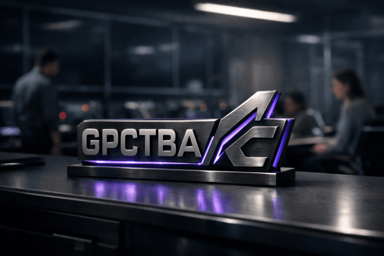 A photorealistic medium-wide cinematic shot, camera positioned approximately 1–2 meters from the subject, capturing a solid three-dimensional GPCTBA/C logo fabricated in brushed dark metal with polished edges, modeled as a single physical desk sculpture with subtle isometric contours, resting on a sleek control-console surface, the GPCTBA/C acronym clearly visible as part of the logo form and accented by thin electric-purple #7B63FF LED edge lighting that suggests structured sales intelligence without overpowering the scene. The object integrates subtle electric-purple accents indicating intelligence or activity without overpowering realism. Set in a dim, tech-noir sales operations control room with a wall of large switched-off monitors in the background showing only dark, glossy reflections, scattered indicator lights on consoles, glass partitions, and minimalist workstations; a few diverse professionals in business-casual attire are visible in soft focus at the periphery, standing or seated at the consoles, engaged in quiet collaboration but secondary to the logo. Lighting is low-key and practical, coming from the faint glow of consoles, a distant overhead strip light, and a soft integrated white spotlight from above and slightly to the side of the GPCTBA/C logo, gently revealing the metal texture, beveled edges, and depth while letting the background fall into moody shadow. Cinematic realism, natural shallow-to-medium depth of field, premium materials, ultra-detailed, 8K, neutral corporate palette with restrained electric-purple #7B63FF accents, no captions, no text overlays, no watermarks.