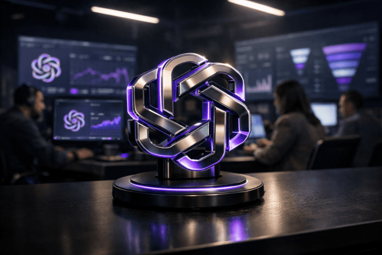 A photorealistic medium-wide cinematic shot, camera positioned approximately 1–2 meters from the subject, capturing a solid three-dimensional GPT-4 logo sculpture as the hero object — the official GPT-4 mark rendered as a glossy glass-and-metal isometric icon, standing upright and clearly readable, physically mounted on a circular black wireless charging base centered on a sleek dark workstation desk, with a subtle electric-purple #7B63FF glow tracing the logo edges and a thin charging ring on the base to indicate intelligent activity without overpowering realism. The GPT-4 logo also appears smaller and realistically on nearby ultrawide monitors as part of live analytics dashboards, never floating in space. Set in a dim real-world digital war room / marketing command center at night, with large wall-mounted screens showing blurred campaign metrics and funnels, and a diverse team of marketing professionals in business-casual attire working at their computers in the background and periphery, slightly out of focus. Lighting is low-key and practical, coming from the monitors, a few overhead linear LED fixtures, and a soft integrated white spotlight from above and slightly to the side that gently highlights the GPT-4 logo sculpture, the wireless charging base, and the desk surface, revealing realistic reflections and fine textures. Subtle electric-purple accents appear on interface elements, LED strips, and UI highlights, balanced by neutral corporate grays, deep blues, and soft blacks, maintaining a grounded Tech-Noir atmosphere. Cinematic realism, natural shallow-to-medium depth of field, 35mm lens look, premium materials, ultra-detailed, 8K, no text overlays, no watermarks.