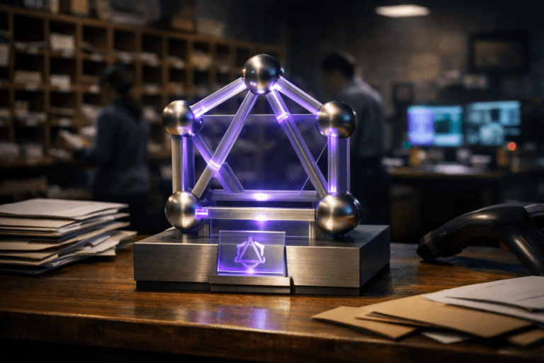 A photorealistic medium-wide cinematic shot, camera positioned approximately 1–2 meters from the subject, capturing a real, physical GraphQL “data control panel” sculpture as the hero object: a premium desk-sized 3D structure of interconnected metallic nodes and edges inspired by the official GraphQL logo, with the GraphQL logo clearly visible and subtly embossed on the front and on a small integrated glass plaque, softly backlit, the whole piece crafted in brushed metal and frosted glass with precise edges, sitting solidly on a wooden mail-sorting table strewn with neatly stacked envelopes and a barcode scanner. The object integrates subtle electric-purple (#7B63FF) LED accents along selected nodes and connection lines, and a faint purple glow emanating from within the sculpture, indicating intelligence and data flow without overpowering realism. Set in a late-evening corporate mailroom and operations back office with a strong Tech-Noir mood: a wall of warm-toned wooden mail cubbyholes and labeled slots receding into the background, dim overhead fixtures, a side desk with dual computer monitors casting cool cyan and soft purple light, security camera feeds and device LEDs providing small points of illumination, and blurred office staff in diverse, business-casual attire naturally sorting mail and parcels in the background and periphery. Lighting is low-key and practical, coming from the room’s fixtures, the computer screens, and the sculpture itself, complemented by a soft integrated white spotlight from above and slightly to the side, gently revealing the sculpture’s form, texture, and depth on the wooden surface while letting the background fall into a moody semi-shadow. Cinematic realism, natural shallow-to-medium depth of field with the sculpture crisply in focus and the humans softly blurred, premium materials, neutral corporate color palette with restrained neon purple and cool cyan accents, ultra-detailed, 8K, no UI, no captions, no text overlays, no watermarks.