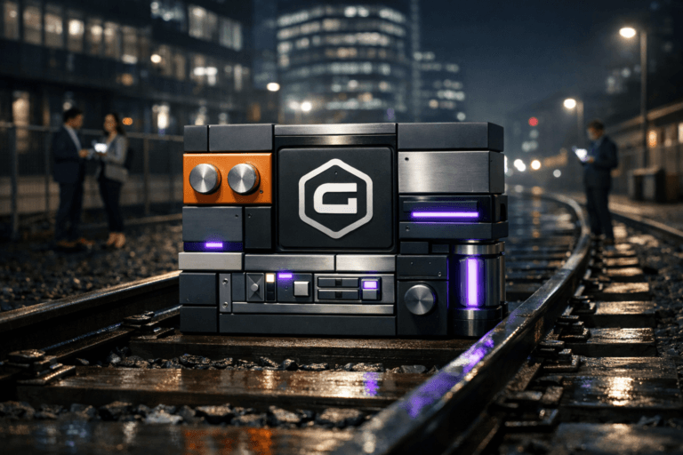 A photorealistic medium-wide cinematic shot, camera positioned approximately 1–2 meters from the subject, capturing a meticulously organized structure of colorful modular building blocks made of premium matte plastic and brushed metal, stacked into a stylized control-panel shape resting precisely on real steel railroad tracks with wooden sleepers, the central block displaying a small, sharp Gravity Forms logo, clearly readable within a realistic environment. The object integrates subtle electric-purple accents indicating intelligence or activity without overpowering realism. Set in a nocturnal urban rail corridor cutting past a modern glass-fronted office district, rails and timber sleepers slightly wet and reflective, distant office windows and muted city signage glowing softly in neutral blues and grays with restrained neon purple reflections, with natural human presence in the background or periphery: a few out-of-focus marketing professionals in business-casual attire walking along a fenced path beside the tracks or standing near a small service platform, glancing at tablets and laptops whose screens glow softly without readable text. Lighting is low-key and practical, coming from tall rail-yard lamps, distant building windows, and nearby device screens, complemented by a soft integrated white spotlight from above and slightly to the side, gently revealing form, texture, and depth on the modular blocks and the rails beneath them. Cinematic realism, natural depth of field with the hero structure in crisp focus against a softly blurred city backdrop, premium materials, 8K ultra-detailed resolution, 35mm lens look, neutral corporate palette with subtle neon purple #7B63FF accents, no captions, no text overlays, no watermarks.