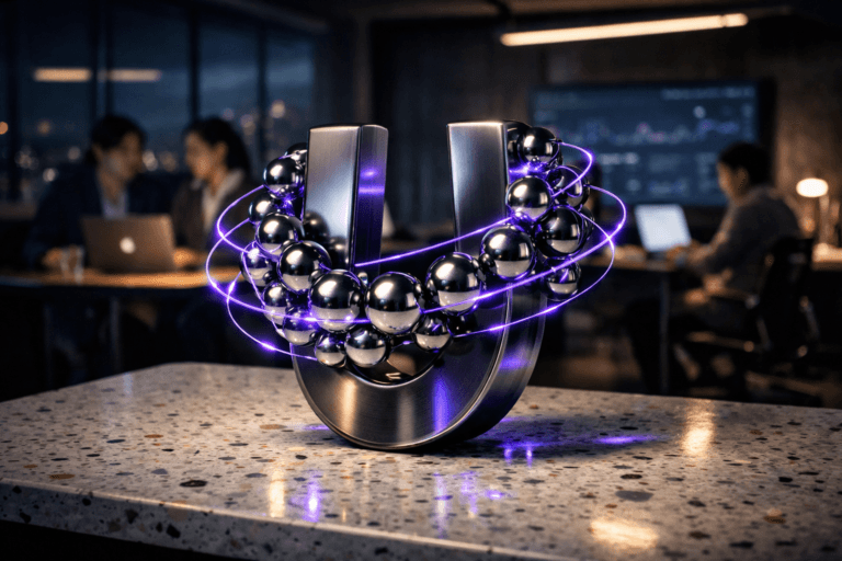 A photorealistic medium-wide cinematic shot, camera positioned approximately 1–2 meters from the subject, capturing a large, sleek U-shaped metallic magnet sculpture on a white terrazzo (granilite) tabletop with small colorful stone chips, powerfully attracting and holding multiple polished chrome spheres arranged in precise orbital arcs, the magnet and spheres finished in premium materials with subtle electric-purple #7B63FF light traces and reflections suggesting intelligent data flow and strong revenue retention, clearly readable within a realistic environment. The object integrates subtle electric-purple accents indicating intelligence or activity without overpowering realism. Set in a dimly lit modern SaaS office at night with floor-to-ceiling windows revealing a soft-focus city skyline, glass walls, minimalist tech furniture, and a few diverse professionals in business-casual attire collaborating around softly glowing laptops and an out-of-focus analytics dashboard in the background, evoking a tech-noir revenue cockpit without any legible text, with natural human presence in the background or periphery. Lighting is low-key and practical, coming from monitors, a linear ceiling light, and a desk lamp, complemented by a soft integrated white spotlight from above or the side, gently revealing form, texture, and depth. Cinematic realism, natural depth of field, premium materials, ultra-detailed, 8K, no captions, no text overlays, no watermarks.