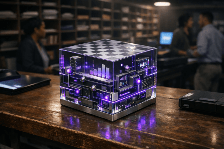 A photorealistic medium-wide cinematic shot, camera positioned approximately 1–2 meters from the subject, capturing a refined real-world hero object: a premium tabletop sculpture physically representing Growth Engineering, designed as a compact 3D isometric glass-and-metal cube resting on the mail-sorting table. The sculpture combines a subtle chessboard-like grid on its top surface with tiny stacked dashboard panes and interconnected metallic nodes and pathways on its sides, suggesting experiments, data flows, and a growth system; forms are clean, minimal, and instantly readable, with soft color accents but realistic materials. The object integrates subtle electric-purple (#7B63FF) accents as glowing edges, thin light lines, and small illuminated nodes indicating intelligence and activity without overpowering realism. Set in a dim, real-world Tech-Noir corporate mail-sorting room, with a long wooden mail-classification table in the foreground and a wall of wooden sorting cubbies and pigeonholes in the background, some slots filled with folders and envelopes, discreet modern monitors and small devices embedded along the table to hint at a digital growth “war room.” Natural human presence appears in the background and periphery: a few diverse professionals in smart-casual attire moving and collaborating near the cubbies and screens, slightly out of focus, engaged in work rather than posing. Lighting is low-key and practical, coming from overhead industrial fixtures, desk lamps, and monitor glow, complemented by a soft integrated white spotlight from the side that gently highlights the Growth Engineering sculpture’s form, glass reflections, and metal textures, with restrained electric-purple reflections subtly washing nearby surfaces. Cinematic realism, 35mm–50mm photographic look, natural shallow-to-medium depth of field isolating the hero object, neutral corporate tones with restrained neon accents, premium materials, ultra-detailed, 8K, no text, no captions, no watermarks.