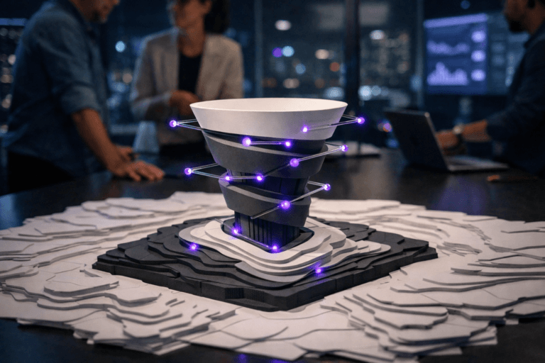 A photorealistic medium-wide cinematic shot, camera positioned approximately 1–2 meters from the subject, capturing a tangible, desk-scale Growth Hacking sculpture as the hero object: a sleek physical 3D structure made of layered matte white and dark graphite tiers forming an ascending funnel over a cut-out topographic base, with small embedded electric-purple #7B63FF LED nodes and subtle translucent acrylic rods connecting stages to suggest data flows and continuous experimentation, resting at the center of a large white topographic map physically built from stacked, laser-cut paper layers spread across a dark matte conference table, all clearly readable within a realistic environment. The object integrates subtle electric-purple accents indicating intelligence or activity without overpowering realism. Set in a nighttime glass-walled startup war room overlooking a modern city, the paper topographic map covering the table while multiple screens and wall-mounted dashboards glow softly in the background, casting cool bluish light with restrained neon purple reflections; a small, diverse group of professionals in smart-casual attire stand and lean around the table in the periphery, slightly out of focus, discussing experiments and metrics on open laptops. Lighting is low-key and practical, coming from the screens, a few overhead recessed fixtures and a soft integrated white spotlight from above and slightly to the side of the sculpture, gently revealing the form, paper texture, acrylic reflections and depth of the layered map while the background falls into a tasteful blur. Cinematic realism, natural shallow-to-medium depth of field, 35mm lens look, neutral corporate tones with subtle tech-noir neon accents, premium materials, ultra-detailed, 8K, no captions, no text overlays, no watermarks.