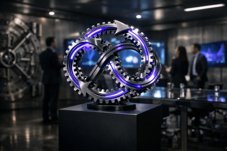 A photorealistic medium-wide cinematic shot, camera positioned approximately 1–2 meters from the subject, capturing a table-height circular kinetic sculpture made of interlocking polished metal gears and looping arrow segments, a tangible 3D representation of Growth Loops, mounted on a matte-black pedestal in the center of the frame, clearly readable within a realistic environment. The object integrates subtle electric-purple (#7B63FF) light traces and edge accents flowing along the gear teeth and arrows to indicate intelligent continuous motion and data-driven growth without overpowering realism. Set inside a high-security bank vault converted into a modern strategy war room, with thick brushed stainless-steel walls, a massive vault door partially visible in the background, a sleek glass conference table, and wall-mounted screens softly glowing with abstract, textless data visualizations, with a small, diverse group of realistic professionals in the background and periphery, dressed in modern business attire, casually collaborating and gesturing toward the screens and table, slightly out of focus so the sculpture remains the hero. Lighting is low-key and practical, coming from recessed ceiling fixtures, subtle linear LED strips along the vault walls and floor, and the cool glow of the screens, all complemented by a soft integrated white spotlight from above and slightly to the side that sculpts the sculpture’s form, texture, and depth, creating gentle reflections on the steel walls and polished floor, with restrained neon purple and cool blue accents that add a refined tech-noir mood while keeping a neutral corporate palette. Cinematic realism, natural shallow-to-medium depth of field, 35mm lens look, premium materials, ultra-detailed, 8K, tech-noir corporate aesthetic, no text, no UI, no captions, no watermarks.