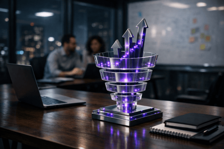 A photorealistic medium-wide cinematic shot, camera positioned approximately 1–2 meters from the subject, capturing a stylized physical desktop sculpture representing growth marketing: a premium glass-and-metal 3D isometric-inspired growth funnel composed of stacked translucent blocks and ascending arrows, with tiny LED-like nodes and subtle electric-purple #7B63FF accents glowing from within, placed on a dark wooden conference table beside a sleek laptop and scattered notebooks, clearly readable within a realistic environment. The object integrates subtle electric-purple accents indicating intelligence or activity without overpowering realism. Set in a modern corporate meeting room at night in a tech-noir Brazilian high-rise office, glass walls revealing a moody city skyline with sparse neon signage and city lights, a large white glass brainstorming board nearby covered in softly erased, colorful but illegible diagrams and post-it clusters (no readable text), with a small diverse group of professionals in business-casual attire blurred in the background collaborating around other laptops and tablets. Lighting is low-key and practical, coming from ceiling panels, laptop screens, and city glow, complemented by a soft integrated white spotlight from the side gently revealing the sculpture’s form, texture, and depth, with cool neutral tones and restrained neon purple accents. Cinematic realism, natural shallow-to-medium depth of field, 35mm lens look, premium materials, ultra-detailed, 8K, no captions, no text overlays, no watermarks, no identifiable real individuals.