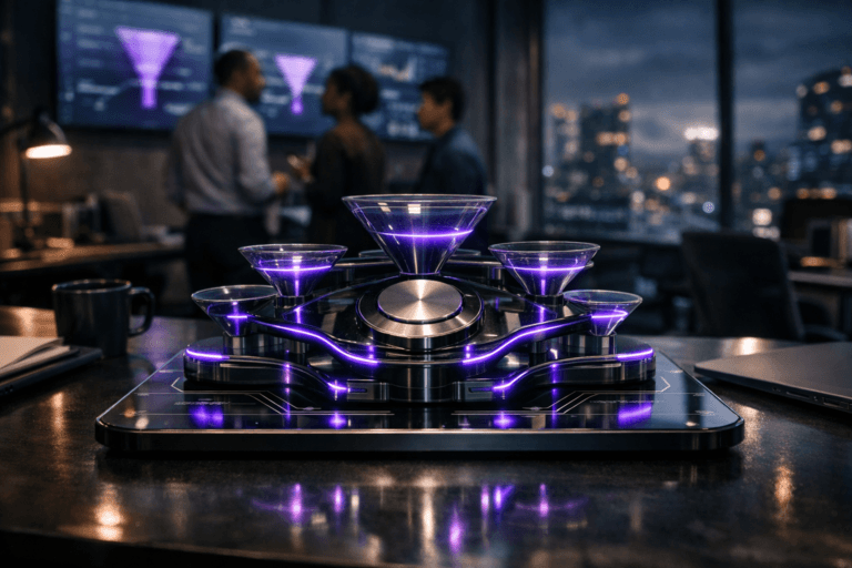 A photorealistic medium-wide cinematic shot, camera positioned approximately 1–2 meters from the subject, capturing a sleek physical “GTM control hub” sculpture as the hero object on a modern operations desk: a polished dark-metal and glass tabletop console composed of interlocking funnel-shaped and node-like acrylic layers, thin embedded LED indicators tracing data flows, a central brushed-metal dial, and subtle engraved lines suggesting dashboards and pipelines, all clearly readable within a realistic environment, no text legible. The object integrates subtle electric-purple #7B63FF accents glowing softly along its edges and LEDs, indicating intelligence and activity without overpowering realism. Set in a Tech-Noir late-evening growth “war room” inside a Brazilian SaaS office, high floor with large glass windows revealing a moody city skyline, multiple wall-mounted screens in the background showing abstracted analytics and funnel charts, glass walls, cable-managed workstations, scattered notebooks and a coffee mug on the desk. Natural human presence in the periphery: a small, diverse group of professionals in business-casual attire (gender and ethnic diversity), slightly out of focus, standing and discussing the wall dashboards, neutral focused expressions, candid postures. Lighting is low-key and practical, coming from the wall screens, a nearby desk lamp and faint city light, complemented by a soft integrated white spotlight from above that gently highlights the GTM control hub’s form, texture, and reflections, creating subtle contrast and depth without harsh shadows. Cinematic realism, 35mm lens look, shallow-to-medium natural depth of field, neutral corporate color palette with restrained neon purple and cool blue accents, premium materials, ultra-detailed, 8K, no captions, no UI text, no logos, no watermarks.