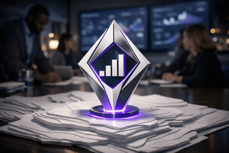 A photorealistic medium-wide cinematic shot, camera positioned approximately 1–2 meters from the subject, capturing a physical 3D isometric “Analytics” brand logo sculpture built from glossy white and brushed metal, standing upright like a sleek compass marker on top of a layered white paper topographic map made of stacked cut-out sheets spread across a large meeting table, the official Analytics logo clearly visible and sharp on the front face, clearly readable within a realistic environment. The object integrates subtle electric-purple (#7B63FF) accents along its inner edges and glowing base, casting a gentle neon reflection into the grooves of the paper layers to indicate intelligence or activity without overpowering realism. Set in a modern corporate marketing analytics war room at night, with a diverse group of professionals in business-casual attire softly blurred in the background around the table and large wall-mounted screens out of focus displaying complex dashboards and real-time graphs, a city skyline hinted through a distant window, all in a restrained Tech-Noir atmosphere, with natural human presence in the background or periphery. Lighting is low-key and practical, coming from the wall screens, a few desk lamps and the distant city lights, complemented by a soft integrated white spotlight from above that gently reveals the form, texture, and depth of the logo sculpture and paper topographic map. Cinematic realism, 35mm lens look, natural shallow-to-medium depth of field, premium materials, ultra-detailed, neutral corporate palette with restrained electric-purple accents, 8K, no captions, no text overlays, no watermarks.