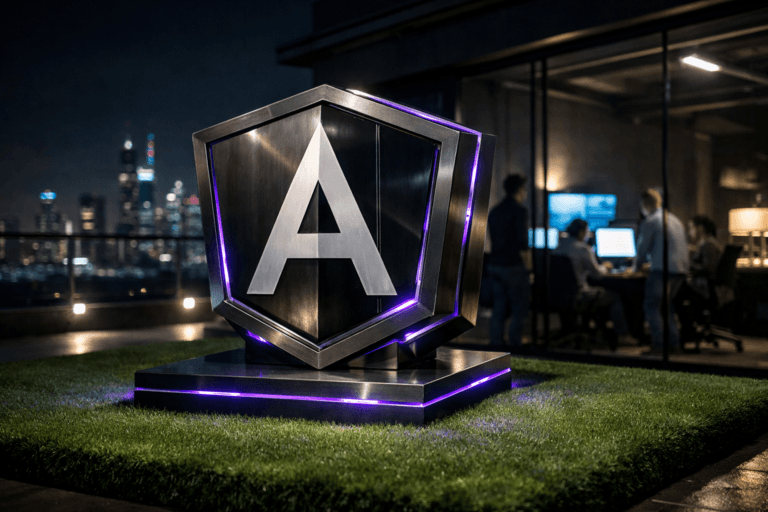 A photorealistic medium-wide cinematic shot, camera positioned approximately 1–2 meters from the subject, capturing a large 3D isometric sculpture of the official Angular logo, made of brushed dark metal and glossy glass panels, resting solidly on a perfectly cut, vibrant green synthetic grass platform on a corporate rooftop terrace, the Angular shield mark clearly readable on its front face within a realistic environment. The object integrates subtle electric-purple (#7B63FF) accents along its edges and in thin embedded LED lines at the base, suggesting intelligent activity without overpowering realism. Set in a tech-noir corporate rooftop at night, with the synthetic lawn extending toward glass railings, a distant futuristic city skyline glowing with muted neon lights, and a glass-walled office in the background where large monitors and laptop screens softly illuminate a small, diverse group of software engineers in business-casual attire, captured candidly and softly out of focus in the periphery. Lighting is low-key and practical, coming from rooftop floor lights, interior office glow and screen light, complemented by a soft integrated white spotlight from the upper side that gently reveals the logo sculpture’s form, metallic texture, glass reflections, and the fine blades of the synthetic grass. Cinematic realism, natural shallow-to-medium depth of field, neutral corporate tones with restrained electric-purple accents, premium materials, ultra-detailed, 8K, no captions, no text overlays, no watermarks.