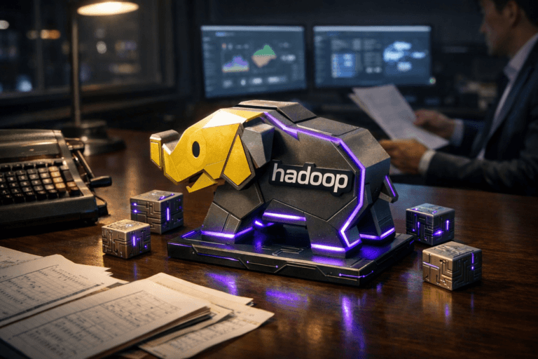 A photorealistic medium-wide cinematic shot, camera positioned approximately 1–2 meters from the subject, capturing a solid 3D physical Hadoop elephant logo sculpture in an isometric-inspired design placed on a real accountant’s desk, the official Hadoop logo clearly visible on the side of the elephant, surrounded by small metallic data-node cubes and subtle circuit-like engravings, with an old mechanical calculator and scattered paper ledgers beside it, all clearly readable within a realistic environment. The object integrates subtle electric-purple (#7B63FF) accents along its edges and base, suggesting intelligent data flow without overpowering realism. Set in a dim late-night corporate finance office, with the accounting desk near a large window showing faint city lights outside, dual computer monitors in the background softly displaying abstract Hadoop cluster dashboards, and a slightly out-of-focus finance professional in business attire seated at the edge of the frame reviewing documents, adding natural human presence without drawing attention from the hero object. Lighting is low-key and practical, coming from desk lamps, monitor glow, and a few overhead fixtures, complemented by a soft integrated white spotlight from above and slightly to the side that gently reveals the form, texture, and depth of the Hadoop logo sculpture, the vintage calculator, and the desk surface. Cinematic realism, natural shallow-to-medium depth of field, neutral corporate tones with restrained electric-purple neon reflections, premium materials, ultra-detailed, 8K, no captions, no text overlays, no watermarks.