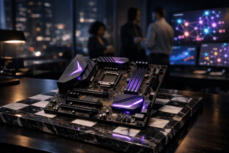 A photorealistic medium-wide cinematic shot, camera positioned approximately 1–2 meters from the subject, capturing a high-end real-world computer motherboard with intricate exposed copper traces and softly glowing components resting diagonally on a polished black-and-white marble chessboard atop a sleek dark desk, the motherboard clearly readable as the hero object. The board’s circuitry and a few key heatsinks integrate subtle electric-purple (#7B63FF) accents that pulse faintly to suggest data intelligence and real-time hashtag activity without overpowering the natural materials. Set in a dimly lit contemporary tech office at night with a slight Tech-Noir mood, floor-to-ceiling windows revealing soft, blurred city lights and neon reflections, and multiple large monitors in the background displaying abstract social-media analytics and hashtag-like data flows as colorful graphs and node networks (no readable text). Natural human presence appears in the periphery: a diverse group of professionals from tech and architecture slightly out of focus, standing and discussing around the workstation, their faces softly lit by the monitor glow, reinforcing the idea of strategic decision-making driven by data. Lighting is low-key and practical, coming from desk lamps, screens, and a soft integrated white spotlight from above and slightly to the side, gently revealing the texture of the copper traces, the marble chessboard, and premium finishes on the desk while allowing deep shadows for a cinematic Tech-Noir feel. Shot on a 35mm or 50mm lens with shallow-to-medium natural depth of field, background softly blurred to maintain clear focus on the motherboard-on-chessboard as a metaphorical market control panel, ultra-detailed surfaces, realistic reflections, clean corporate color palette with restrained electric-purple accents, cinematic realism, premium materials, ultra-detailed, 8K, no captions, no text overlays, no watermarks.