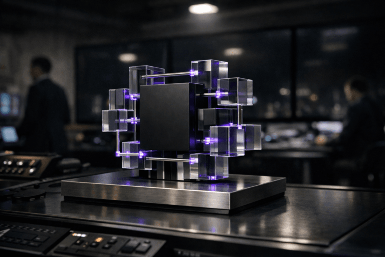 A photorealistic medium-wide cinematic shot, camera positioned approximately 1–2 meters from the subject, capturing a sleek, desk-sized geometric sculpture representing a Headless CMS: a matte-black rectangular core surrounded by interlocking translucent blocks and slim metallic connectors, mounted on a premium brushed-metal base atop a control-room console, clearly readable within a realistic environment. The object integrates subtle electric-purple #7B63FF accents along its edges and connection points, suggesting data flow and intelligence without overpowering realism. Set in a dim, tech-noir control room with a wall of large monitors turned off in the background, their glossy surfaces showing dark reflections of the room and faint hints of city lights, with a few out-of-focus operators in professional attire moving or standing at other consoles in the periphery, adding natural human presence without stealing focus. Lighting is low-key and practical, coming from overhead industrial fixtures, small indicator LEDs on nearby equipment and a soft integrated white spotlight from the upper side, gently revealing the sculpture’s form, texture, and depth, with subtle reflections on metal and glass surfaces. Cinematic realism, natural shallow-to-medium depth of field, neutral corporate color palette with restrained neon purple accents, premium materials, ultra-detailed, 8K, no captions, no on-screen text, no watermarks.