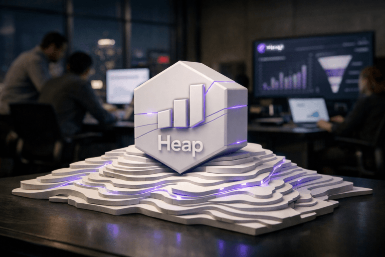A photorealistic medium-wide cinematic shot, camera positioned approximately 1–2 meters from the subject, capturing a solid 3D isometric Heap logo sculpture as the hero object, the official Heap brandmark clearly visible on its front face, rendered in premium matte white with subtle electric-purple (#7B63FF) edge accents and thin inlaid lines hinting at data flows and event tracking, resting firmly on top of a meticulously crafted physical topographic map made from stacked, laser-cut white paper layers, each contour casting gentle shadows across a dark matte analytics table. The object integrates subtle electric-purple accents indicating intelligence or activity without overpowering realism, with faint purple light softly tracing the paper ridges like behavioral paths through a user journey. Set in a real-world Tech-Noir environment: a late-evening product analytics war room in a modern SaaS office, with floor-to-ceiling windows revealing a softly blurred city skyline at night, a few distant neon signs adding restrained color; in the background and periphery, diverse, realistically lit product managers and data analysts in smart-casual attire collaborate around desks with large monitors and laptops, one screen prominently displaying a Heap dashboard-style interface with the Heap logo in the corner (no readable text), others showing abstracted funnels and journey maps, all slightly out of focus so the logo sculpture and paper topographic model remain the clear focal point. Lighting is low-key and practical, driven by the glow of monitors, a distant window spill, and a soft integrated white spotlight from above and slightly to the side, gently revealing the form, texture, and depth of the Heap logo and the layered paper landscape, with a subtle cool-toned rim light adding a Tech-Noir edge. Cinematic realism, natural shallow-to-medium depth of field, 35mm–50mm photographic look, neutral corporate palette of charcoals, soft whites, and muted metallics with restrained electric-purple accents, premium materials, ultra-detailed, 8K, no captions, no text overlays beyond the Heap logos, no watermarks.