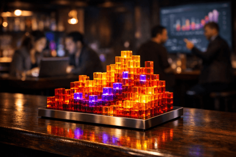 A photorealistic medium-wide cinematic shot, camera positioned approximately 1–2 meters from the subject, capturing a stylized physical Heat Mapping hero object: a premium glass-and-metal desk-sized sculpture on a polished dark wooden bar counter, formed as a raised grid of small translucent blocks in warm heatmap colors (reds, oranges, yellows) with subtle electric-purple #7B63FF accents pulsing softly through the structure, clearly readable within a realistic environment. The object integrates subtle electric-purple accents indicating intelligence or activity without overpowering realism. Set in a dimly lit modern cocktail bar with a polished dark wood counter and tech-noir ambience, accented by understated purple and teal neon reflections, with a small group of diverse marketing professionals softly blurred in the background discussing data around glowing laptop screens and a wall-mounted analytics dashboard, providing natural human presence in the periphery. Lighting is low-key and practical, coming from bar pendants, screen glow, and bar backlighting, complemented by a soft integrated white spotlight from above and slightly to the side, gently revealing form, texture, and depth of the Heat Mapping sculpture and the wood grain of the bar. Cinematic realism, 35mm lens look, natural shallow-to-medium depth of field, premium materials, ultra-detailed, 8K, no text, no UI elements, no watermarks.