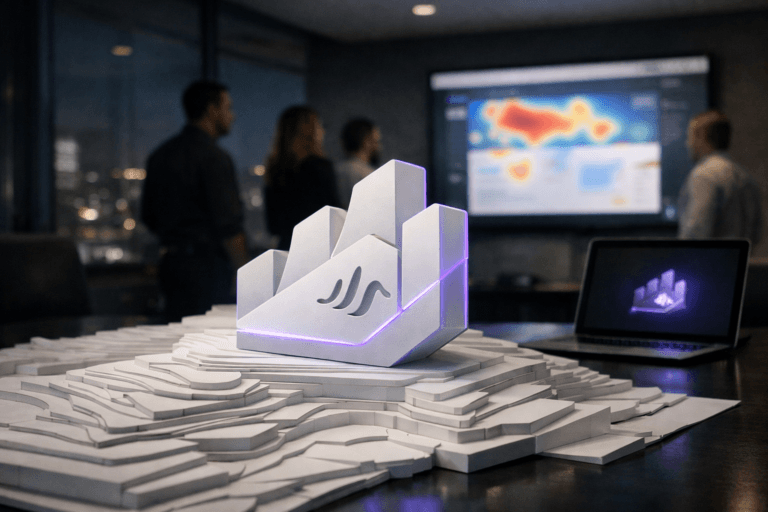A photorealistic medium-wide cinematic shot, camera positioned approximately 1–2 meters from the subject, capturing a physical 3D isometric Heatmaps logo sculpture as the hero object, crafted in matte white and frosted acrylic with precise geometric facets, resting prominently on a detailed white paper topographic model made from layered cut sheets, like a sculpted landscape spread across a sleek dark meeting-room table, the Heatmaps logo mark clearly visible on the front face of the sculpture and subtly repeated on a nearby laptop screen. The object integrates subtle electric-purple (#7B63FF) edge lighting and fine accent lines running along its contours, suggesting data intelligence and activity without overpowering the realism of the scene. Set in a modern tech-corporate meeting room at night, with glass walls revealing a faintly glowing city skyline in the background, neutral gray and charcoal interiors, and a large wall-mounted display showing a realistic website heatmap interface in soft reds, oranges, and cool blues, its light casting a gentle ambient glow. Natural human presence appears in the background: a small, diverse group of professionals in business-casual attire, slightly out of focus, standing around the table and looking toward the wall display and paper topographic model, with candid, neutral expressions and relaxed postures, clearly secondary to the logo sculpture. Lighting is low-key and practical, coming from the wall screen, a laptop, and a few recessed ceiling fixtures, complemented by a soft integrated white spotlight from above and slightly to the side that gently reveals the logo sculpture and layered paper terrain, emphasizing form, texture, and depth while letting the room fall into subtle shadow. Cinematic realism, 35mm lens look, natural shallow-to-medium depth of field, premium materials, ultra-detailed surfaces and reflections, subtle tech-noir mood with restrained neon purple accents, 8K, no captions, no UI text overlays, no floating elements, no exaggerated glow, no watermarks.