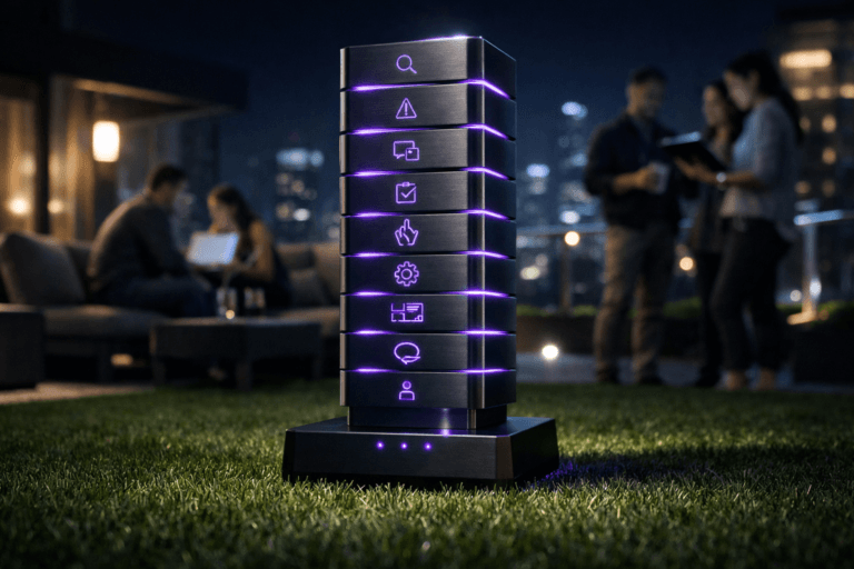A photorealistic medium-wide cinematic shot, camera positioned approximately 1–2 meters from the subject, capturing a sleek physical “Nielsen heuristics” desktop totem as the hero object: a premium metallic pillar about 40 cm tall with ten stacked, slightly offset illuminated modules representing the ten usability heuristics, each module edged with subtle electric-purple #7B63FF light lines and small, engraved icon-like symbols, resting on a dark matte base placed directly on perfectly trimmed, vibrant synthetic grass, clearly readable within a realistic environment. The object integrates subtle electric-purple accents indicating intelligence or activity without overpowering realism, with gentle linear glows along the module edges and a few tiny status LEDs on the base. Set in a contemporary rooftop terrace of a SaaS company at night, with a carpet of synthetic grass, low modern lounge furniture, glass railings, and a distant city skyline washed in cool blue and muted neon reflections, a few diverse UX and product professionals in smart-casual clothing visible in the background and periphery, slightly out of focus as they collaborate around laptops and tablets, evoking a UX “pre-flight checklist” ritual before release. Lighting is low-key and practical, coming from nearby floor lamps, interior office windows, and city glow, complemented by a soft integrated white spotlight from above and slightly to the side that gently reveals the object’s form, texture, and depth, casting realistic shadows on the grass. Cinematic realism, natural shallow-to-medium depth of field, premium materials, ultra-detailed, neutral corporate tones with restrained neon purple accents, subtle Tech-Noir mood, 8K, no captions, no text overlays, no watermarks.