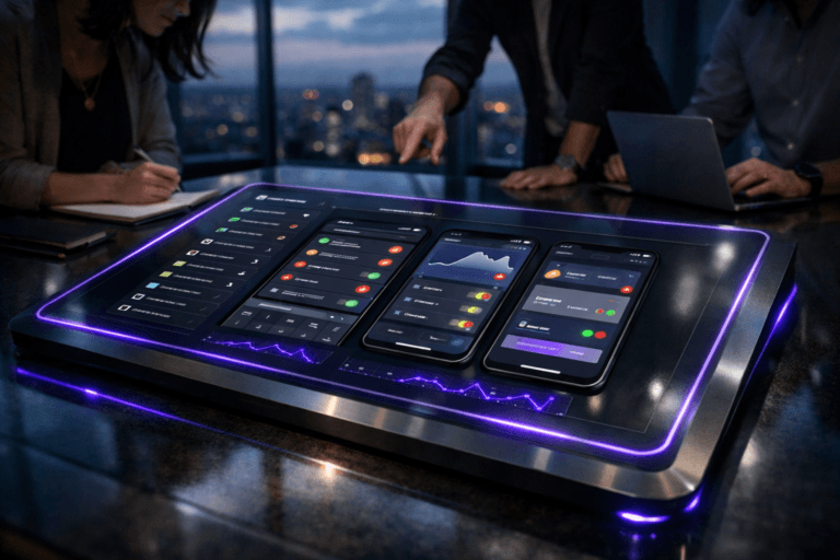 A photorealistic medium-wide cinematic shot, camera positioned approximately 1–2 meters from the subject, capturing a sleek executive command-style usability review dashboard for a financial mobile app, realized as a large glass-surfaced tabletop touchscreen panel in a modern meeting room, its surface showing multiple luminous status indicators, compact checklist-like columns, and side-by-side previews of app screens with small colored markers indicating usability issues, all clearly readable within a realistic environment. The object integrates subtle electric-purple #7B63FF accents pulsing along interface outlines, icons, and edge lighting of the device to suggest intelligence and active analysis, balanced with muted greys, deep charcoal, and soft teal so the scene stays grounded and believable. Set in a high-rise glass-walled product war room at dusk, above a distant city skyline with soft cumulus clouds and fading blue hour light visible through the windows, with a diverse group of UX, product, and engineering professionals in the background and periphery, slightly out of focus, leaning over the table, pointing at the dashboard, taking notes on laptops and tablets. Lighting is low-key and practical, coming from the glow of the dashboard and surrounding laptop screens, complemented by a soft integrated white spotlight from above that grazes the glass surface and brushed metal edges, gently revealing form, fingerprints, texture, and depth without harsh reflections. Cinematic realism, 35mm lens look, natural shallow-to-medium depth of field, premium materials, ultra-detailed, 8K, subtle Tech-Noir mood with restrained neon reflections, no floating elements, no captions, no readable text overlays, no watermarks.