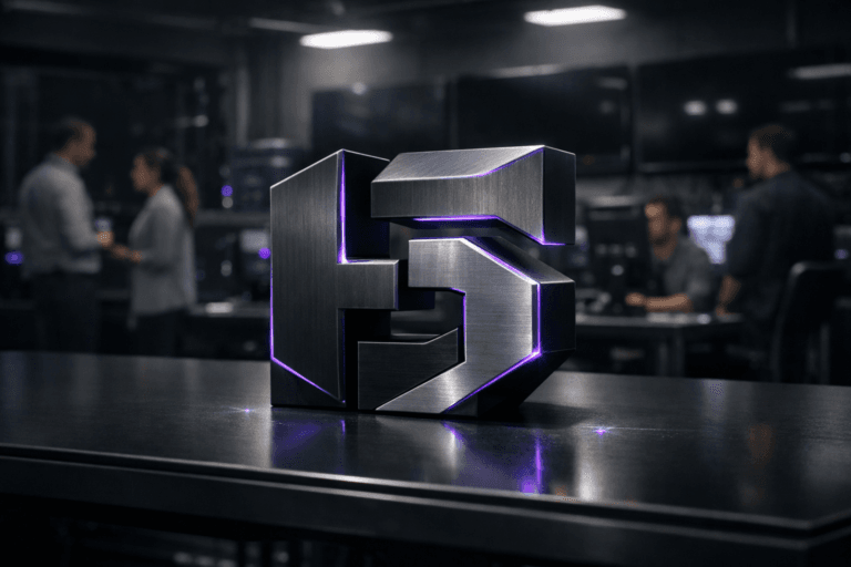A photorealistic medium-wide cinematic shot, camera positioned approximately 1–2 meters from the subject, capturing a physical 3D isometric-style sculpture of the official HeyGen logo made of matte black and brushed metal with subtle electric-purple (#7B63FF) edge accents, standing on a sleek dark workstation desk in the center of the frame, the logo clearly readable and integrated into the scene as a premium object. The object integrates subtle electric-purple accents indicating intelligence or activity without overpowering realism, with tiny animated-style light reflections along its edges and on the desk surface. Set in a dim, high-end digital control room / war room environment, with rows of large wall-mounted monitors in the background mostly powered off, their glossy black screens showing soft, dark reflections of the room and a few faint interface glows, cable runs and hardware racks suggesting a data-driven operations space. A small group of diverse marketing and engineering professionals in smart-casual attire are present in the background and periphery, slightly out of focus, interacting quietly around secondary workstations and screens, their posture candid and neutral, clearly secondary to the HeyGen logo sculpture. Lighting is low-key and practical, coming from a few overhead panels, ambient screen glow and indicator lights, complemented by a soft integrated white spotlight from above and slightly to the side that gently reveals the form, texture, and depth of the HeyGen logo sculpture and desk, creating subtle reflections on the dark floor and furniture. Cinematic realism with a 35mm lens look, natural shallow-to-medium depth of field, neutral corporate palette of charcoals, deep grays and muted metallics with restrained electric-purple accents in LED strips, reflections and UI hints, premium materials, ultra-detailed, clean, no floating elements, no exaggerated glow, no captions, no text overlays, no watermarks, 8K.