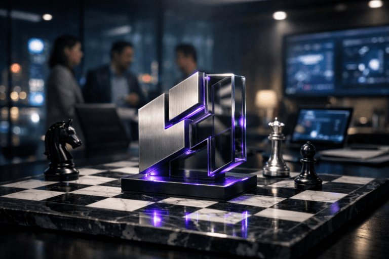 A photorealistic medium-wide cinematic shot, camera positioned approximately 1–2 meters from the subject, capturing a polished black-and-white marble chessboard resting on a sleek dark conference table, at its center a solid 3D isometric sculpture of the Hiperpersonalização brand logo in brushed metal and smoked glass, with a few elegant chess pieces strategically arranged around it, the logo mark clearly visible and integrated into the sculpted form within a realistic environment. The object integrates subtle electric-purple (#7B63FF) light accents along its edges and base, suggesting data-driven intelligence and constant activity without overpowering realism. Set in a dimly lit, glass-walled corporate strategy room at night, high above a futuristic city, with blurred neon city lights and digital billboards outside the windows and softly glowing dashboards and laptop screens on the table, where a diverse group of marketing professionals in modern business-casual attire confer in the background, slightly out of focus. Lighting is low-key and practical, coming from laptop screens, wall displays, and a few ceiling fixtures, complemented by a soft integrated white spotlight from above and slightly to the side, gently revealing the logo sculpture’s form, metallic reflections, glass translucency, and the veining of the marble chessboard. Cinematic realism, natural shallow-to-medium depth of field, 35mm lens look, premium materials, ultra-detailed, 8K, neutral corporate color palette with restrained electric-purple and cool cyan Tech-Noir accents, no captions, no text overlays beyond the physical logo mark, no watermarks.