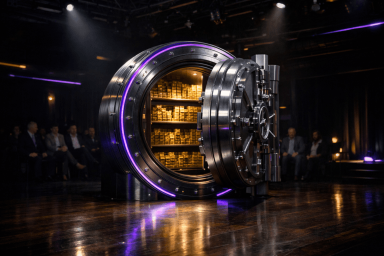 A photorealistic medium-wide cinematic shot, camera positioned approximately 1–2 meters from the subject, capturing a large circular steel bank vault door placed center stage on a dark polished wooden theater floor, slightly open to reveal meticulously stacked gold bars with crisp reflections, the vault’s solid metal texture and the shimmering gold clearly readable within a realistic environment. The object integrates subtle electric-purple accents indicating intelligence or activity without overpowering realism, such as a thin electric-purple LED ring around the vault’s outer edge and faint purple reflections on the steel and gold. Set in a contemporary Tech-Noir theater environment with a deep, dark auditorium beyond the stage, minimal stage rigging visible above, and a small diverse group of business professionals and UX designers seated or standing in the shadows of the first rows, softly blurred in the background as they observe the vault like a live product presentation. Lighting is low-key and practical, coming from an overhead stage spotlight and a few side stage lamps, complemented by a soft integrated white spotlight from above that pools on the vault and nearby floor, gently revealing form, brushed metal texture, and the depth of the gold interior while the rest of the theater recedes into moody darkness with restrained neon and electric-purple accents along architectural lines. Cinematic realism, natural shallow-to-medium depth of field, 35mm–50mm lens look, premium materials, ultra-detailed, 8K, no captions, no text overlays, no watermarks.