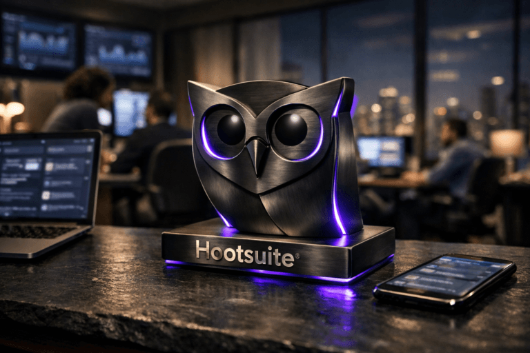 A photorealistic medium-wide cinematic shot, camera positioned approximately 1–2 meters from the subject, capturing a solid 3D Hootsuite owl logo sculpture in brushed dark metal with the official Hootsuite logo clearly visible, modeled as a premium desktop object resting on a natural black slate desk surface, accompanied by a slim modern laptop and smartphone subtly displaying softly blurred social media dashboards. The object integrates subtle electric-purple #7B63FF edge accents and faint internal reflections indicating intelligence and activity without overpowering realism. Set in a dimly lit late-evening social media command center within a Brazilian corporate office, with neutral-toned furniture, glass walls hinting at a softly glowing São Paulo skyline, and multiple wall-mounted and desk screens showing out-of-focus analytics graphs and social feeds. Natural human presence appears in the background and periphery: a small, diverse team of marketing professionals collaborating and monitoring screens, realistically styled in smart-casual office attire, candid posture, neutral expressions, all slightly out of focus to keep the Hootsuite logo sculpture and slate surface as the hero. Lighting is low-key and practical, coming from monitors, a desk lamp and distant office fixtures, complemented by a soft integrated white spotlight from above and slightly to the side, gently revealing the form, texture and depth of the slate, metal logo and devices, with a natural shallow-to-medium depth of field and a 35mm cinematic look. Cinematic realism, premium materials, subtle tech-noir ambiance with restrained electric-purple accents in reflections and UI glows, ultra-detailed, 8K, no captions, no readable on-screen text, no watermarks.
