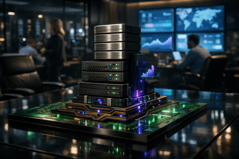 A photorealistic medium-wide cinematic shot, camera positioned approximately 1–2 meters from the subject, capturing a sleek physical tabletop sculpture representing modern hosting and servers: stacked brushed-metal mini server racks and matte-black network switches rising vertically from a giant green circuit-board base with embossed copper traces, the whole piece resting on a dark glass conference table, with tiny status LEDs, minimalist floating graphs and a few subtle electric-purple #7B63FF light accents along the circuits, clearly readable within a realistic environment. The object integrates subtle electric-purple accents indicating intelligence or activity without overpowering realism. Set in a dimly lit, glass-walled network operations center and strategy war-room at night, the oversized conference table itself designed like a huge PCB with glowing green substrate and copper pathways, surrounded by blurred high-end office chairs, wall-to-wall screens displaying abstract system dashboards and world maps without text, and a diverse team of marketing and IT professionals in smart-casual attire collaborating and monitoring data in the background, with hints of distant server racks and city lights fading into darkness, subtle neon purple and cool teal reflections enriching the tech-noir atmosphere, with natural human presence in the background or periphery. Lighting is low-key and practical, complemented by a soft integrated white spotlight from above or the side, gently revealing form, texture, and depth. Cinematic realism, natural depth of field, premium materials, ultra-detailed, 8K.