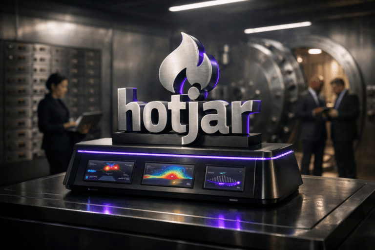 A photorealistic medium-wide cinematic shot, camera positioned approximately 1–2 meters from the subject, capturing a solid 3D Hotjar logo sculpture in brushed metal, the official Hotjar logo clearly visible and cleanly rendered, mounted atop a sleek black analytics console with small embedded screens subtly displaying abstract heatmap-like interface visuals as the hero object in the center of the frame within a realistic environment. The object integrates subtle electric-purple (#7B63FF) edge lighting and interface accents indicating intelligence or activity without overpowering realism. Set in the interior of a modern high-security bank vault, a tech-noir environment with thick stainless-steel walls, a massive circular vault door slightly open, rows of safe-deposit boxes and a polished concrete floor, with a few realistic, diverse professionals in business attire in the background and periphery, softly out of focus as they review data on laptops and tablets, reinforcing the idea of secure behavioral analytics. Lighting is low-key and practical, coming from overhead vault strip lights, the glow of nearby screens and the open vault doorway, complemented by a soft integrated white spotlight from above and slightly to the side, gently revealing form, texture, and depth on the Hotjar sculpture, console, and steel walls. Cinematic realism, natural shallow-to-medium depth of field, premium materials, neutral corporate color palette with restrained electric-purple neon accents, ultra-detailed, 8K, no captions, no text overlays, no watermarks.