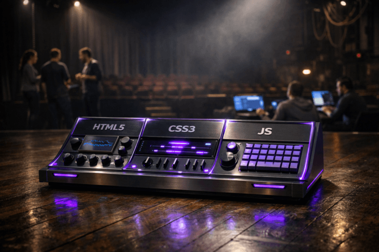 A photorealistic medium-wide cinematic shot, camera positioned approximately 1–2 meters from the subject, capturing a sleek physical control-console sculpture inspired by HTML, CSS and JavaScript as the hero object: a premium dark-metal and glass desktop “web control panel” sitting on the floor of the stage, with layered interface surfaces, tactile knobs and backlit keys, each section subtly engraved with the HTML5, CSS3 and JS logos on their respective panels, all clearly readable within a realistic environment. The object integrates subtle electric-purple (#7B63FF) accent glows along edge-lit contours, indicator strips and a few animated light segments suggesting intelligent activity, balanced with muted cool grays and soft reflections so it still feels grounded and industrial. Set in a dark, real-world Tech-Noir theater environment: a wooden stage of rich dark planks underfoot, heavy curtains fading into shadow, hints of rigging and cables in the background, rows of empty seats dissolving into darkness, plus a small QA team of diverse developers at the far edge of the stage and in the first row, softly blurred, standing or seated with open laptops showing abstract, out-of-focus UI and code, as if they are testing a responsive web application. Lighting is low-key and practical, coming from the overhead stage spots, the theater’s dim aisle lights and the glow of laptop screens, complemented by a focused soft white spotlight from above slightly off-center that pools around the control-console sculpture, gently revealing its form, brushed-metal texture, polished glass surfaces and engraved logos with subtle specular highlights. Atmospheric haze catches a few light beams for added depth, with a natural shallow-to-medium depth of field that keeps the console in crisp focus while the people and seating recede into a cinematic blur. Cinematic realism, 35mm lens look, natural depth of field, neutral corporate tones with restrained neon accents, premium materials, ultra-detailed, 8K, no captions, no text overlays, no watermarks.