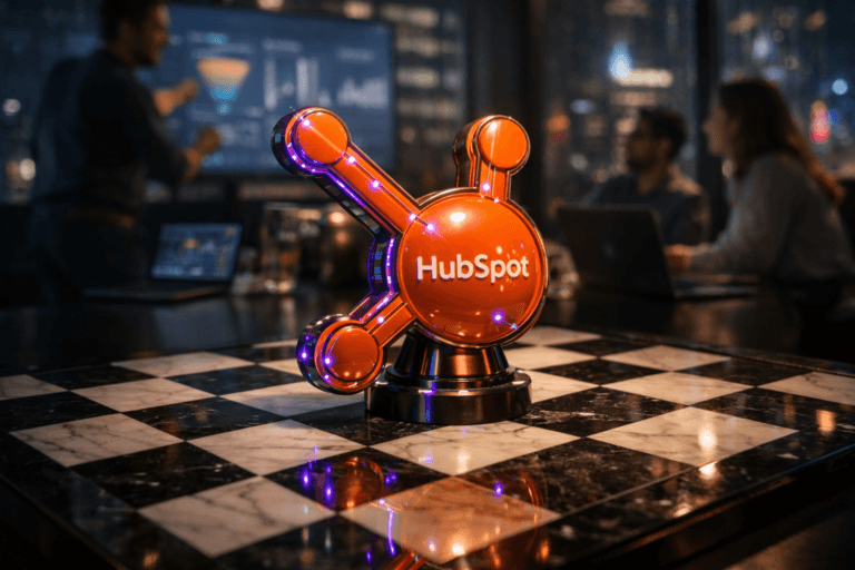 A photorealistic medium-wide cinematic shot, camera positioned approximately 1–2 meters from the subject, capturing a real, physical 3D isometric-style sculpture of the HubSpot logo standing upright as the central chess piece on a polished black-and-white marble chessboard, the official HubSpot logo clearly visible and engraved on its glossy orange surface with subtle metallic details, clearly readable within a realistic environment. The object integrates subtle electric-purple #7B63FF accents indicating intelligence or activity, with fine luminous lines and tiny data-like nodes running along the HubSpot logo contours and reflecting softly on the marble squares, without overpowering realism. Set in a dimly lit, high-end marketing war room — a modern corporate office at night where the marble chessboard rests on a sleek dark conference table — surrounded by large wall-mounted screens and laptops showing softly blurred analytics dashboards, funnel metrics and multichannel campaign graphs, with glass walls opening to a rainy tech-noir city skyline with distant neon reflections. Natural human presence appears in the background and periphery: a small, diverse group of marketing and sales professionals in smart-casual attire collaborating around the table, gesturing toward the screens and laptops, captured candidly and slightly out of focus so the HubSpot chess piece remains the hero object. Lighting is low-key and practical, driven by the cool glow of the screens, subtle ambient light from the city outside, and a soft integrated white spotlight from above that gently illuminates the HubSpot logo sculpture and the marble chessboard, revealing form, texture, and depth with realistic reflections and shadows. Cinematic realism, natural shallow-to-medium depth of field, 35mm photographic look, premium materials, ultra-detailed, 8K, no text, no captions, no watermarks.