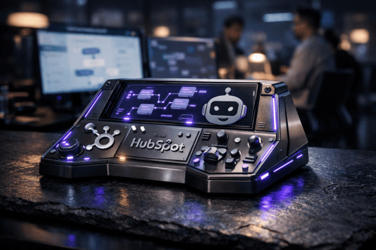 A photorealistic medium-wide cinematic shot, camera positioned approximately 1–2 meters from the subject, capturing a solid 3D isometric HubSpot Chatbot Builder logo sculpture rendered as a premium matte-metal and glass desktop “cockpit” control module resting on a natural black slate surface, the official HubSpot logo and chatbot iconography clearly visible and physically embossed on the device, clearly readable within a realistic environment. The object integrates subtle electric-purple #7B63FF accent lines and indicator lights suggesting intelligent activity along its edges and controls without overpowering realism. Set in a dimly lit modern B2B SaaS control-room-style office at night, with the black slate surface forming part of a sleek workstation surrounded by ultrawide monitors softly displaying blurred HubSpot-style chatflows and CRM dashboards, cool blue and soft electric-purple tech-noir reflections on the slate and glass, and a diverse group of professionals in smart-casual attire collaborating in the background and periphery, slightly out of focus. Lighting is low-key and practical, coming from monitor glow and a few desk lamps, complemented by a soft integrated white spotlight from above and slightly to the side, gently revealing the form, texture, and depth of the 3D logo module and slate surface while keeping the room moody and cinematic. Cinematic realism, natural shallow-to-medium depth of field, 35–50mm lens look, premium materials, ultra-detailed surfaces and reflections, crisp focus on the HubSpot Chatbot Builder “cockpit” object, Tech-Noir corporate atmosphere, no captions, no text overlays, no watermarks, 8K.