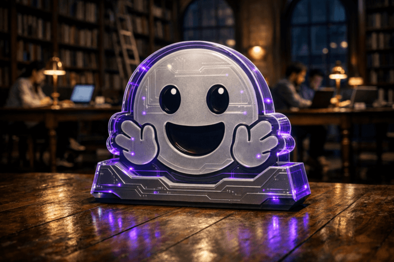 A photorealistic medium-wide cinematic shot, camera positioned approximately 1–2 meters from the subject, capturing a large 3D isometric acrylic sculpture of the official Hugging Face logo resting on a polished old wooden floor, designed as a sleek AI toolkit device with subtle engraved circuitry lines and faint interface details, the logo cleanly facing the camera and clearly readable within a realistic environment. The object integrates subtle electric-purple (#7B63FF) accents along its edges and circuitry, indicating intelligence or activity without overpowering realism. Set in a dimly lit, historic wooden library with tall dark-wood bookshelves rising to the ceiling, classic rolling ladders, and long reading tables equipped with modern laptops and discrete monitors, night-time outside filtered through high arched windows, with a small group of diverse professionals in smart-casual attire working quietly in the background and periphery, absorbed in screens and documents, naturally interacting but secondary to the logo sculpture. Lighting is low-key and practical, coming from warm brass reading lamps, soft ambient spill from laptop screens, and a gentle integrated white spotlight from above that grazes the Hugging Face logo sculpture from the side, revealing the depth of the 3D form, the texture of the acrylic, and the grain of the wooden floor, with a cool-tech, slightly noir contrast between warm wood tones and restrained neon reflections. Cinematic realism, 35mm lens look, natural shallow-to-medium depth of field, premium materials, ultra-detailed, 8K, no captions, no text overlays, no watermarks.