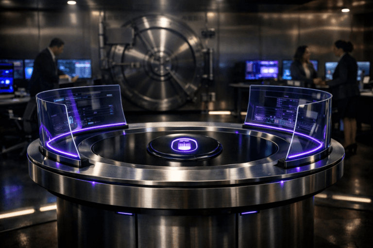 A photorealistic medium-wide cinematic shot, camera positioned approximately 1–2 meters from the subject, capturing a waist-high circular glass-and-brushed-metal console in the center of the frame, its dual curved transparent screens and central biometric touch surface forming a clear physical metaphor for Human-in-the-Loop compliance control, clearly readable within a realistic environment. The object integrates subtle electric-purple (#7B63FF) accents along its interface edges and status lights, indicating intelligence or activity without overpowering realism. Set in a high-security bank-vault operations room, with thick stainless-steel walls, a massive circular vault door, floor-level LED light strips, and a ring of modern monitoring workstations and wall-mounted displays softly glowing in cool blues and muted electric-purple reflections, with natural human presence in the background or periphery: a few diverse professionals in sharp business attire working at side desks or conferring quietly, slightly out of focus so the console remains the hero. Lighting is low-key and practical, driven by the workstation screens, ceiling spotlights and subtle reflections from the steel surfaces, complemented by a soft integrated white spotlight from above and slightly to the side of the console, gently revealing form, texture, and depth. Cinematic realism, natural depth of field, premium materials, ultra-detailed, 8K, no text, no captions, no watermarks.