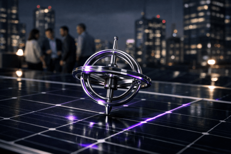 A photorealistic medium-wide cinematic shot, camera positioned approximately 1–2 meters from the subject, capturing a polished metallic gyroscope spinning in perfect balance as the hero object, resting on the surface of a dark-blue photovoltaic solar panel with a silver grid, its finely machined rings and axis clearly readable and rendered with realistic metal reflections, subtly suggesting the precision and orchestration of advanced conversational AI. The object integrates subtle electric-purple (#7B63FF) accents indicating intelligence or activity without overpowering realism, appearing as faint neon reflections and minimal luminous edges along the gyroscope’s rings and on a few solar-cell lines. Set on a rooftop solar array of a modern corporate building at night in a Tech-Noir city skyline, with distant glass office towers, antennae, and softly glowing digital billboards, and a small group of diverse professionals in business-casual attire walking and inspecting the panels in the background, slightly out of focus to keep the gyroscope dominant while adding natural human presence. Lighting is low-key and practical, coming from a mix of nearby rooftop fixtures, distant city lights, and a soft integrated white spotlight from the upper side that gently skims across the gyroscope and solar panel, revealing fine texture, reflections, and depth in the metal and glass surfaces, while the city’s cool blues and muted grays are punctuated by restrained electric-purple accents. Cinematic realism, natural shallow-to-medium depth of field, 35mm–50mm lens look, premium materials, ultra-detailed, 8K, no text, no UI copy, no captions, no logos, no watermarks.