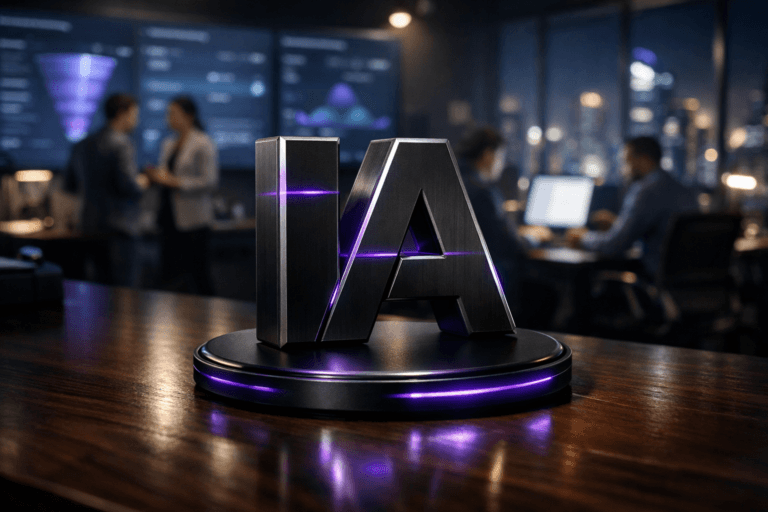 A photorealistic medium-wide cinematic shot, camera positioned approximately 1–2 meters from the subject, capturing a refined real-world hero object: the official “IA” brand logo as a solid 3D isometric sculpture, matte black with brushed metal edges, clearly legible, standing upright on a sleek circular black wireless charging pad placed on a dark wooden desk within a modern office. The object integrates subtle electric-purple (#7B63FF) accents indicating intelligence or activity without overpowering realism, with a faint neon edge glow and discreet light lines running through the logo and around the rim of the charging base, soft reflections on the desk surface. Set in a contemporary Tech-Noir marketing and sales operations war room in a high-rise office at night, with large wall-mounted screens in the background showing softly blurred analytics dashboards and CRM funnels, the distant neon-lit city skyline visible through floor-to-ceiling windows, and a diverse group of professionals in smart-casual attire collaborating around laptops and monitors in the periphery, slightly out of focus so the IA logo remains the clear focal point. Lighting is low-key and practical, coming from the monitors, desk lamps, and city lights, complemented by a soft integrated white spotlight from above and slightly to the side, gently revealing the form, texture, and depth of the IA logo sculpture and charging pad, with natural shadows and a controlled contrast ratio. Cinematic realism, natural shallow-to-medium depth of field, premium materials, subtle corporate-neutral color palette with restrained neon purple accents, ultra-detailed, 8K, no captions, no text overlays, no watermarks.