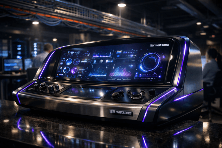 A photorealistic medium-wide cinematic shot, camera positioned approximately 1–2 meters from the subject, capturing a sleek, cockpit-like IBM watsonx control console: a curved glass-and-metal dashboard with a large central screen filled with multiple luminous data indicators and graphs (no legible text), physical knobs and touch-sensitive surfaces, with the official IBM watsonx logo subtly visible in the upper corner of the display and as a small metallic badge on the console housing, clearly readable within a realistic environment. The object integrates subtle electric-purple (#7B63FF) accents glowing softly along the screen edges, indicator rings, and thin light strips in the console seams, indicating intelligence or activity without overpowering realism. Set in a dim, high-end corporate network operations center at night, with exposed ceiling cable trays overhead carrying neatly organized, color-coded cables in precise bundles, server racks and modern workstations receding into the background, and a few diverse professionals in business-casual attire in soft focus monitoring other screens, with reflections of data lights on glass and polished floors, creating a refined Tech-Noir atmosphere. Lighting is low-key and practical, coming from the console screen, nearby monitors, and discreet ceiling fixtures, complemented by a soft integrated white spotlight from above and slightly to the side, gently revealing form, texture, and depth of the IBM watsonx console and the cable management on the ceiling. Cinematic realism, 35mm lens look, natural depth of field with the console in crisp focus and background softly blurred, premium materials, ultra-detailed, 8K, no text overlays, no UI labels, no watermarks.
