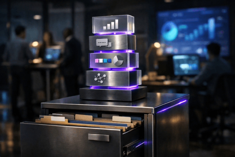 A photorealistic medium-wide cinematic shot, camera positioned approximately 1–2 meters from the subject, capturing a sleek physical sculpture representing brand identity placed on top of a matte steel filing cabinet with slightly open drawers and visible labeled folders. The hero object is a premium mixed‑material sculpture: stacked translucent glass and brushed metal panels arranged in a vertical totem, each layer etched with abstract icons, color swatches, and interface‑like brand symbols, subtly backlit from within, clearly readable and sharply in focus. The cabinet drawers show organized, color‑coded folders and neutral label tabs, suggesting archived brand assets and governance, with no legible text, only abstract markings. The object integrates subtle electric-purple #7B63FF accents through thin LED lines inside the sculpture and a faint glow along the cabinet edges, indicating intelligence and data activity without overpowering realism. Set in a tech‑noir corporate marketing war room at night, in a real office environment: dimly lit open space with glass walls, blurred wall‑mounted dashboards showing abstract analytics graphics, soft reflections on polished floor, a large screen glow in cyan and deep blue tones, and a few diverse marketing professionals in the background and periphery, candidly collaborating around a standing desk and monitors, slightly out of focus so the sculpture and filing cabinet remain the clear focal point. Lighting is low-key and practical, coming from the ambient glow of screens, a distant desk lamp, and a soft integrated white spotlight from above and slightly to the side, gently revealing the form, texture, and depth of the sculpture, the cold steel of the cabinet, and the paper edges in the drawers. Cinematic realism, natural shallow-to-medium depth of field, neutral corporate color palette with restrained neon accents, premium materials, ultra-detailed, 8K, no captions, no text overlays, no watermarks.