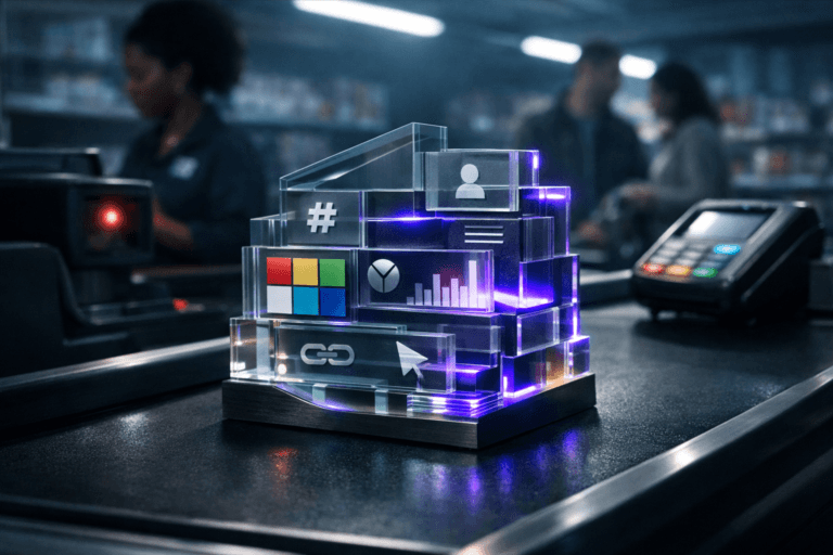 A photorealistic medium-wide cinematic shot, camera positioned approximately 1–2 meters from the subject, capturing a premium physical glass-and-acrylic sculpture that represents visual identity: a compact isometric structure made of layered translucent panels with embedded color swatches, minimalist UI-style icons, typographic strips, and tiny abstract analytics bars, forming a clean, colorful yet sophisticated 3D design object resting solidly on a black rubber supermarket checkout conveyor belt. The object integrates subtle electric-purple accents (#7B63FF) glowing softly along its edges and within a few panels, suggesting intelligent real-time optimization without overpowering the natural materials and realism. Set in a late-night Tech-Noir supermarket checkout environment, with the cashier station, barcode scanner, payment terminal and softly glowing screens around the conveyor, cool fluorescent aisle lights overhead, and blurred shelves of products receding into a slightly shadowy background; a diverse cashier and a couple of shoppers appear in soft focus at the periphery, casually interacting with the checkout, neutral expressions, dressed in contemporary everyday clothing. Lighting is low-key and practical, mixing the cool overhead fluorescents and the muted glow of checkout screens with a soft integrated white spotlight from above and slightly to the side of the sculpture, gently revealing form, glass reflections, and texture on the conveyor belt, with natural shallow-to-medium depth of field separating the hero object from the environment. Cinematic realism, neutral corporate palette with restrained neon and electric-purple accents, premium materials, ultra-detailed, 8K, no captions, no text overlays, no watermarks.