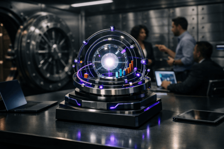 A photorealistic medium-wide cinematic shot, camera positioned approximately 1–2 meters from the subject, capturing a desk-sized, stylized physical sculpture representing “market opportunity identification”: a polished metal and glass circular radar-like device on a sleek matte-black pedestal, composed of stacked isometric geometric layers with tiny colorful 3D bar charts, arcs and nodes orbiting a central softly glowing core, all fabricated as a tangible object with precise edges, refined reflections and premium materials, clearly readable within a realistic environment. The object integrates subtle electric-purple (#7B63FF) accents pulsing along fine circuit-like inlays and data nodes to indicate intelligence and activity without overpowering realism. Set in the interior of a large high-security bank vault with thick brushed stainless-steel walls, heavy round vault door slightly ajar, rows of partly open safe-deposit boxes and the sculpture placed on a minimalist conference-style table that has a few open laptops and tablets around it, the vault repurposed as a futuristic product “war room” in a Tech-Noir mood, with a small diverse group of realistic professionals in business-casual attire in the background and periphery, candidly discussing and pointing at screens and the sculpture, slightly out of focus. Lighting is low-key and practical, coming from discreet ceiling strips, the laptop screens and subtle reflections off the steel walls, complemented by a soft integrated white spotlight from above and slightly to the side of the sculpture, gently revealing form, texture, and depth while casting clean, controlled shadows on the table. Cinematic realism, 35mm lens look, natural shallow-to-medium depth of field, neutral corporate tones with restrained electric-purple and cool cyan neon accents, premium materials, ultra-detailed, 8K, no text, no captions, no watermarks.