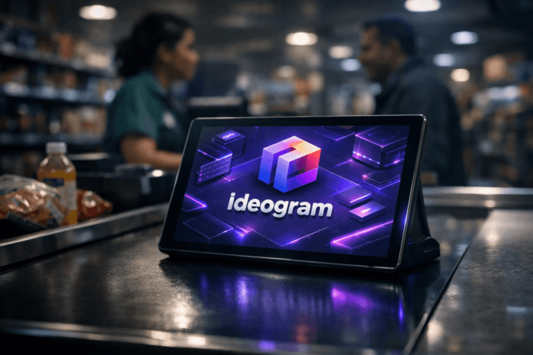 A photorealistic medium-wide cinematic shot, camera positioned approximately 1–2 meters from the subject, capturing a sleek point-of-sale tablet resting on a real supermarket checkout counter with a black conveyor belt, its screen clearly displaying the official Ideogram logo as a crisp 3D isometric interface with subtle electric-purple #7B63FF accents suggesting an intelligent visual-design dashboard, all materials and reflections rendered in premium realism within a believable retail setting. The object integrates subtle electric-purple highlights along the tablet’s screen glow and faint reflections on the black conveyor, indicating intelligence and activity without overpowering the neutral corporate palette of soft grays, whites, and natural product colors. Set in a moody late-evening Tech-Noir supermarket environment: a Brazilian-style checkout lane with the dark rubber belt in the foreground, blurred shelves and product displays receding into cool shadows, and a realistic, diverse cashier and customer in the mid-background, naturally posed, slightly out of focus, interacting in a candid way while the Ideogram display remains the clear hero. Lighting is low-key and practical, coming from overhead supermarket fixtures, small counter lamps, and the cool glow of the tablet screen, complemented by a soft integrated white spotlight from above and slightly to the side that gently reveals the tablet’s form, the texture of the conveyor belt, and nearby items, while the distant aisles fall into deeper contrasty shadows with restrained cyan and electric-purple Tech-Noir accents. Cinematic realism, 35mm–50mm lens look, natural shallow-to-medium depth of field, ultra-detailed surfaces and reflections, clean composition, no captions, no extraneous text overlays, no watermarks, 8K.