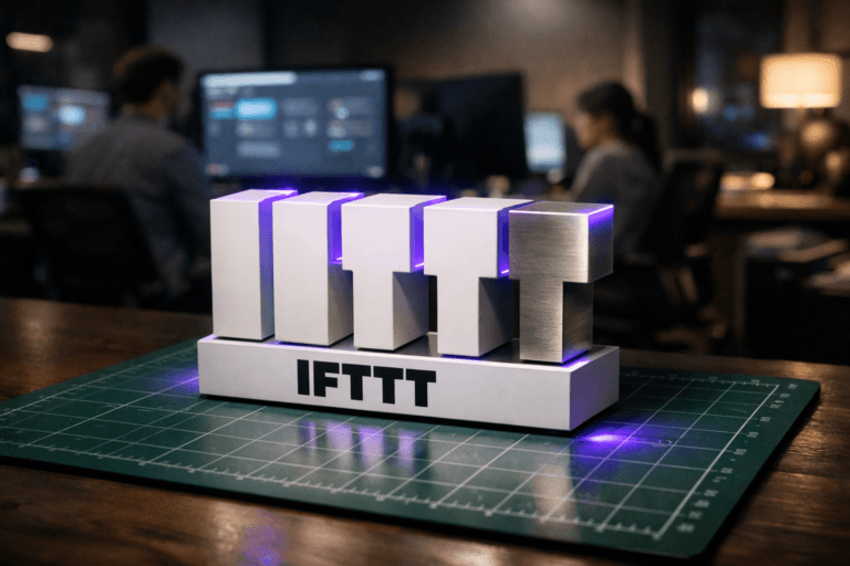 A photorealistic medium-wide cinematic shot, camera positioned approximately 1–2 meters from the subject, capturing a solid 3D isometric desk sculpture of the IFTTT logo, made of matte white and brushed metal with the official IFTTT wordmark cleanly visible on its front face, resting on a realistic green cutting mat (self-healing cutting mat) with a crisp white measurement grid on a modern workspace desk. The object integrates subtle electric-purple #7B63FF accents indicating intelligence and activity, such as faint animated light traces running along the logo’s edges and softly reflected on the cutting mat, without overpowering realism. Set in a contemporary tech-noir creative office at night, with dim surroundings, multiple computer monitors in the background showing softly blurred automation dashboards, and a few diverse professionals in business-casual attire working in soft focus at their stations, providing natural human presence while keeping the IFTTT logo sculpture as the clear hero object. Lighting is low-key and practical, coming from the glow of monitors, a nearby desk lamp and a distant window, complemented by a soft integrated white spotlight from above and slightly to the side, gently revealing the form, texture and depth of the logo sculpture, cutting mat and desk surface. The color palette features neutral corporate tones—charcoal, slate gray, muted wood and soft off-whites—enriched with restrained cyan and electric-purple reflections to convey a subtle tech-noir mood. Cinematic realism, 35mm–50mm lens look, natural shallow-to-medium depth of field, premium materials, ultra-detailed, 8K, no captions, no extra text overlays beyond the IFTTT logo itself, no watermarks.