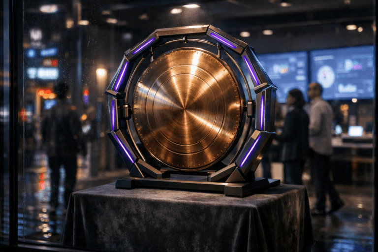 A photorealistic medium-wide cinematic shot, camera positioned approximately 1–2 meters from the subject, capturing a polished, slightly futuristic bronze gong with an enhanced geometric metal frame and concentric resonance rings, still subtly vibrating from a recent strike, mounted on a sleek dark stand and displayed atop a deep charcoal velvet pedestal inside a glass storefront display, clearly readable within a realistic environment. The object integrates subtle electric-purple (#7B63FF) accents along the rim and structural edges, suggesting intelligent activity and data reverberation without overpowering realism. Set in a nighttime urban Tech-Noir retail street scene, looking through the glass of a modern marketing-technology showroom: faint reflections of rain-slick pavement, passing pedestrians, and soft neon signage outside; inside, out-of-focus large wall-mounted screens glow with blurred campaign dashboards and social media analytics, with a few diverse professionals in smart-casual attire moving and conversing in the background, always secondary to the gong. Lighting is low-key and practical, combining discrete window spotlights on the pedestal with ambient glow from the analytics screens and a soft integrated white spotlight from above, gently revealing the gong’s metallic texture, the velvet pedestal, and subtle reflections in the glass. Cinematic realism, natural shallow-to-medium depth of field with a 35–50mm photographic look, neutral corporate tones with restrained electric-purple accents, premium materials, ultra-detailed, 8K, no text, no UI labels, no watermarks.