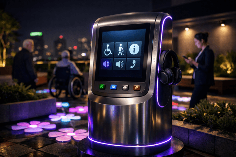 A photorealistic medium-wide cinematic shot, camera positioned approximately 1–2 meters from the subject, capturing a life-size polished metal and glass accessibility kiosk as the hero object, a gently curved rectangular column with a large high-contrast touch display, tactile braille strip along the edge, clearly differentiated physical buttons, and a discreet pair of over-ear headphones resting on the side, all framed by a subtle ring of electric purple #7B63FF light that suggests intelligent digital inclusion without feeling sci-fi or exaggerated, clearly readable within a realistic environment. The object integrates subtle electric-purple accents indicating intelligence or activity without overpowering realism. Set in a contemporary rooftop garden of a Brazilian corporate building at night, reimagined as a Tech-Noir space where the floor forms a stylized, colorful field of low-poly flower-shaped LED tiles interspersed with real planters and benches, overlooking a soft-focus city skyline with a few muted neon signs; in the background and periphery, a diverse group of people – an older person, a wheelchair user, and a young professional – move naturally and interact with their own devices in a candid, professional manner, slightly out of focus so the kiosk remains the main focal point. Lighting is low-key and practical, coming from the kiosk screen, the flower-shaped LED tiles, and subtle building sconces, complemented by a soft integrated white spotlight from above and slightly to the side, gently revealing form, texture, and depth on the kiosk surface and surrounding plants. Cinematic realism, 35mm lens look, natural shallow-to-medium depth of field, neutral corporate tones with restrained electric purple accents, premium materials, ultra-detailed, 8K, no captions, no text overlays, no watermarks.