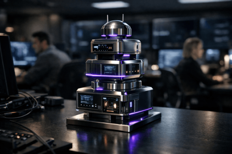 A photorealistic medium-wide cinematic shot, camera positioned approximately 1–2 meters from the subject, capturing a sleek physical desktop sculpture representing a technological startup incubator as an interconnected cluster of polished metal and glass modules stacked like a miniature control tower on a dark control-room desk, with small embedded screens and structural details clearly readable within a realistic environment. The object integrates subtle electric-purple (#7B63FF) accents in thin illuminated lines and soft edge glows indicating intelligence or activity without overpowering realism. Set in a contemporary tech operations control room at night, with a wall of large, glossy, mostly-black monitors in the background catching soft reflections, a few diverse professionals in business-casual attire working candidly at their workstations in the periphery, cables and consoles suggesting a live digital command center, all styled with restrained Tech-Noir ambiance, with natural human presence in the background or periphery. Lighting is low-key and practical, coming from desk screens, small indicator LEDs and distant ceiling panels, complemented by a soft integrated white spotlight from above or the side, gently revealing form, texture, and depth. Cinematic realism, natural shallow-to-medium depth of field, neutral corporate color palette with restrained neon purple accents, premium materials, ultra-detailed, 8K, no captions, no text overlays, no watermarks.